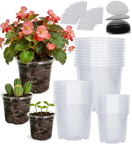 30-Pack Clear Nursery Pots with Drainage Holes (3.5/4/5 Inch) – Transparent Plastic Plant Pots with 30 Labels, Assorted Sizes for Seed Starting, Succulents, Indoor and Outdoor Use - color: Pots, size: 3.5/4/5"-30 sets