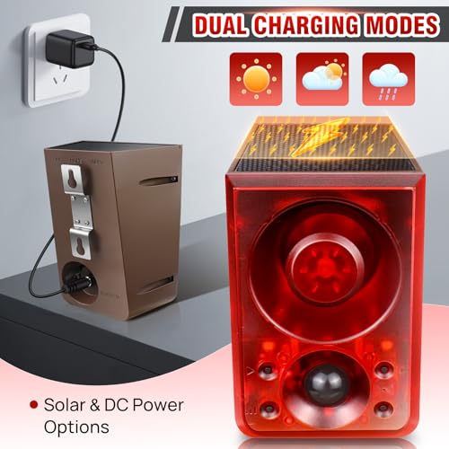 Solar Outdoor Motion Sensor Alarm, Dog Barking&Gunshot Sound,130db Loud - color: Red+Brown