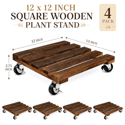 4 Pack Wooden Plant Stand With Wheels, 12" Rolling Planter Base Plant Stand, With Metal Lockable Caster Wheels, For Indoor Outdoor Plant Pots