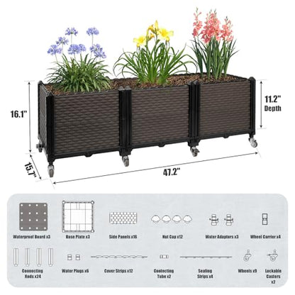 Raised Plant Box with Wheels 47.2"x15.7"x16.1", Raised Beds for Gardening Self Watering, Durable Metal Lockable Casters, Rectangular Garden Planter Perfect for Garden Patio Balcony Deck - size: L 47"xW 16"xH 16"