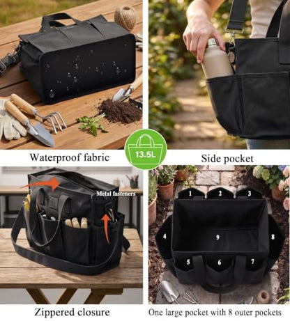 Garden Tool Bag with 9 Pockets & Shoulder Strap, Heavy Duty Gardening Tote Organizer for Tools, Gloves & Supplies, Black