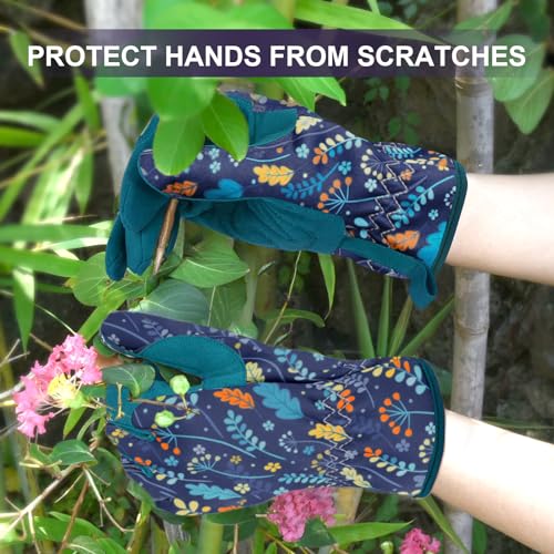 Womens Gardening Weeding Working Gloves, Leather Garden Glove for Women Thorn Proof No Stab for Digging, Planting,Pruning - color: Leaf Blue-medium