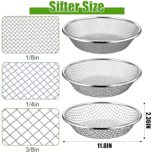 3 Pcs Soil Sifter for Gardening Dirt Sifter Heavy Duty Stainless Steel Sieve Fits 5 Gallon Bucket Rust Resistant 3 Apertures 3mm 6mm 10mm Rock Compost Screen