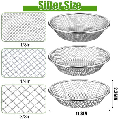 3 Pcs Soil Sifter for Gardening Dirt Sifter Heavy Duty Stainless Steel Sieve Fits 5 Gallon Bucket Rust Resistant 3 Apertures 3mm 6mm 10mm Rock Compost Screen