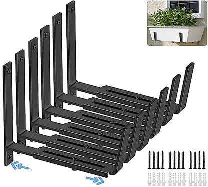 HFHOME 6 PCS Adjustable Planter Box Brackets (6 to 12.5 in), Universal Window Box Brackets, Heavy Duty Metal Flower Box Wall Mounting Hooks for Balcony, Fences, Patio, and Garden - Black - size: Set of 6 - Black