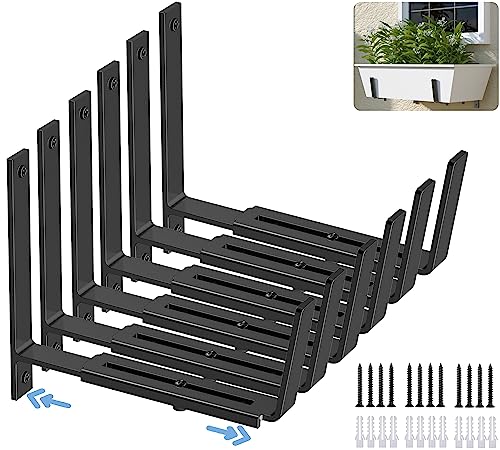 HFHOME 6 PCS Adjustable Planter Box Brackets (6 to 12.5 in), Universal Window Box Brackets, Heavy Duty Metal Flower Box Wall Mounting Hooks for Balcony, Fences, Patio, and Garden - Black - size: Set of 6 - Black