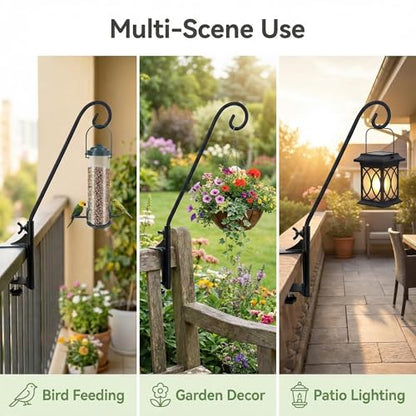 Heavy Duty Deck Hook,360 ° Rotating Design,Pole 15”Long Metal Deck Railing Hooks for Hanging Bird Feeders,Planters,Suet Baskets,Lanterns,Wind Chimes,Clamp Mounted,Under 18 LBS(2PACK)