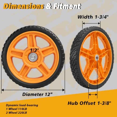 Lawn Mower Wheels, 12 inch Push Mower Plastic Wheels with Bolts & Nuts Fits Most Standard Lawn Mower Cart, Garden Carts, Air Compressor and More, 2 Pack - size: 12 Inch