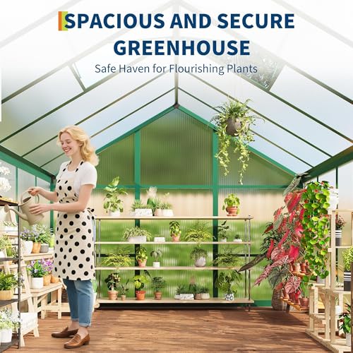8x12 FT Greenhouse, Easy Assembly Aluminum Polycarbonate Greenhouses for Outdoors with Roof Vent, Large Aluminum Walk-in Greenhouse for Sunroom Patio, Backyard, Garden, Sliding Lockable Door, Green - color: Green, size: 8x12 FT