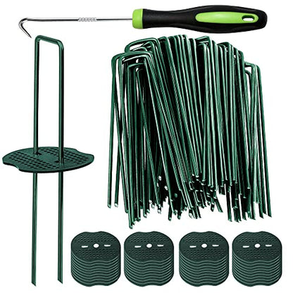 Bakulyor 50pcs Green Artificial Turf Stakes Staples + 50pcs Buffer Washer, 6 Inch 11 Gauge Landscape Staples, Galvanized Lawn Spikes, Heavy Duty Yard Ground Pin for Grass Weed Barrier Sod Fabric - color: Green