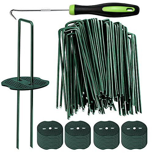 Bakulyor 50pcs Green Artificial Turf Stakes Staples + 50pcs Buffer Washer, 6 Inch 11 Gauge Landscape Staples, Galvanized Lawn Spikes, Heavy Duty Yard Ground Pin for Grass Weed Barrier Sod Fabric - color: Green