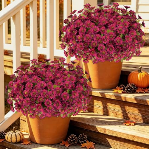 Fake Mums Artificial Fall Flowers for Outdoors Silk Daisy Bulk - color: Burgundy
