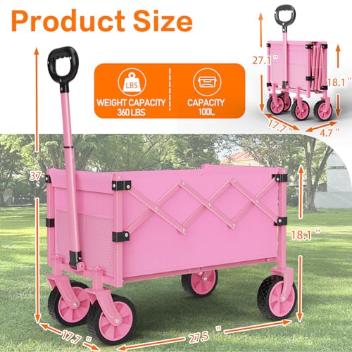 COZEER Wagons Carts Foldable, 360LBS Folding Heavy Duty Wagon with Wheels - color: Pink, size: 100L