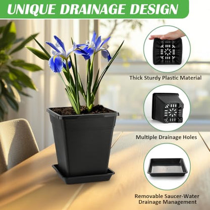 BTPLASTIK Square Plastic Planter 8 Inch, Plant Pots with Drainage Hole & Tray, 10 Pack Modern Decorative Garden Pot with Saucer, 1 Gallon Flower Pots Planters for Indoor Outdoor Plants - size: 8 INCH / 10P