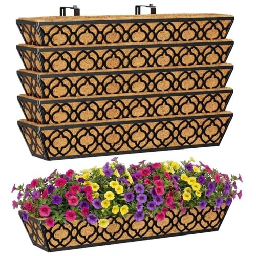 Y&M 6Pcs 30 Inch Large Window Box Railing Planter with Coco Liner, Outdoor Window Flower Boxes Over The Railing Planter Boxes Deck Fence Porch Patio Planter - size: Flower 30in 6p