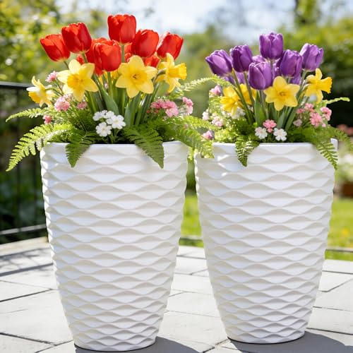 2-Pack 19" White Resin Tall Outdoor Planters with Wave Texture - color: 19"h-white Wavy