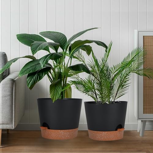 SwinDuck 12inch Large Self Watering Plant Pot, Plastic Cylinder Planter with 60Oz Deep Reservoir and Saucer for Indoor Outdoor Plants Flowers Houseplants, Black with Brown - color: Black With Brown