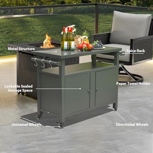 Outdoor Storage Box and Grill Prep Table with Wheels, 83 Gallon Metal Patio Storage Cabinet for BBQ Tools and Garden Gear, Lockable Lid and Side Shelves, 51.67 x 20.31 x 35.51 Inches, Grey - color: Grey - 51.67 X 20.31 X 35.51 Inch