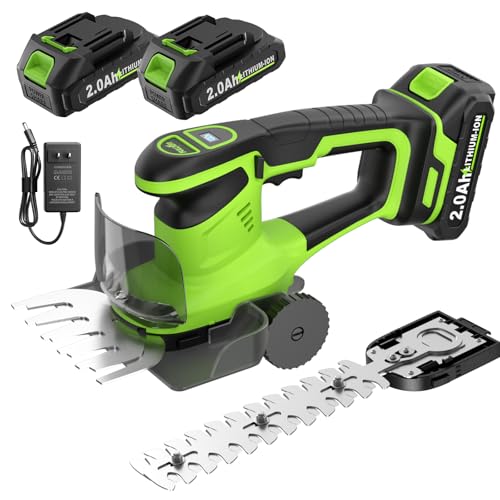 FULLYEA 2-in-1 Hedge Trimmer Cordless, Electric Bush Trimmer & Hedge Shears, Lightweight Grass Cutter with 2 * 2.0Ah Batteries & Charger, Battery Grass Trimmer, Handheld Shrub Trimmer Garden Tools