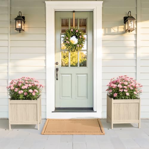 LUE BONA Outdoor Plant Pots Set of 2, 13.8" x 12.6" x 14.6" HDPS Flower Pots with Drainage Holes, Outdoor Planter Box for Outdoor Plants - Porch Patio, Garden or Entryway, Light Oak - color: Light Oak
