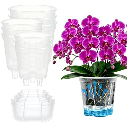 Cdd's Path Self Watering Pots Set with Deep Water Tank, Large Drainage Holes, Reservoir & Air Pipes, 5/6/7 Inch Naked Root Planter for Indoor Outdoor Plants, Flowers, Seedlings, Clear, 9 Pack - size: 5/6/7 inch-9 Pack