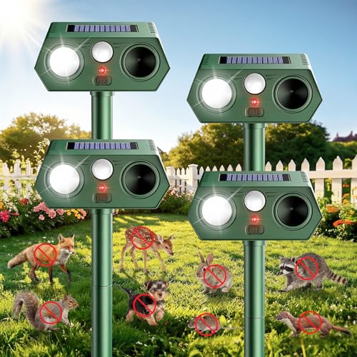 2026 Upgraded Ultrasonic Solar Animal Repellent Outdoor, Deer Repellent Devices Squirrel Cat Raccoon Rabbit Dog Deterrent with Motion Sensor Flash Light for Yard Garden Lawn (4-Pack) - size: 4-Pack