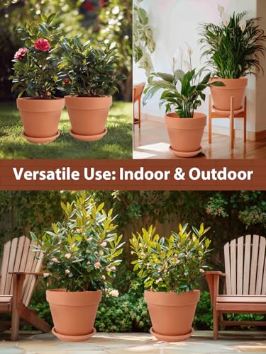 INGOFIN Terracotta Pot Set of 2 with Saucer - 10 Inch Ceramic Clay Pot for Plants with Drainage Hole, Large Terra Cotta Flower Planter with Tray for Indoor Outdoor Plants - size: 10/10 inch -2 pcs