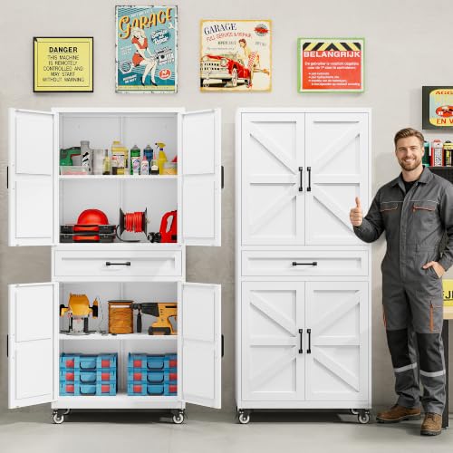 SISESOL White Metal Storage Cabinet with Wheels and Drawer,Rolling Garage Cabinet with Doors and Adjustable Shelves,73" Mobile Tall Large Metal Cabinets for Home,Office,Garage,Shop - color: White, size: 73"H