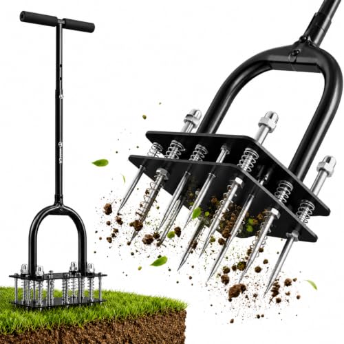 Lawn Aerator - 15 Iron Spikes Adjustable Height, Double-Layer Spring, Automatic Dirt and Leaf Clean Design, for Loosening Soil Aerating Patio, Yard, Garden (Black)