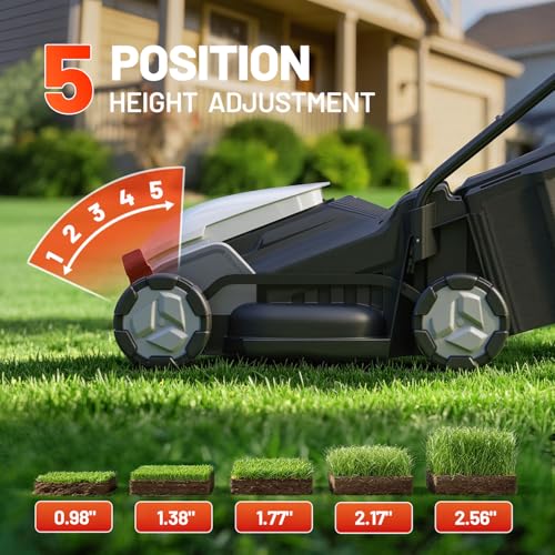 Litheli 14 Inch Battery Lawn Mower with 8.0Ah Long-Life Battery, Brushless Push Mower for Small-Sized Yards, 5-Position Height, 9 Gallon Bag, Lightweight Design - color: White