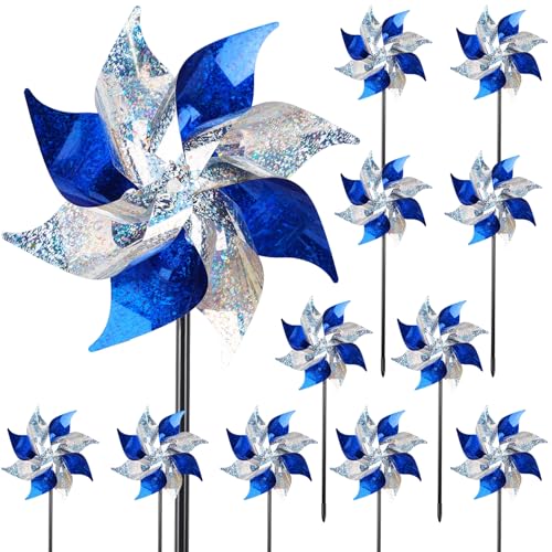 Hausse 12 Pack Reflective Blue Pinwheels with Stakes (Pre-assembled), Extra Sparkly Pin Wheel for Garden Decor, Bird Repellent Devices Deterrent to Scare Birds Away from Yard Patio Farm, Silver & Blue - color: Silver & Blue