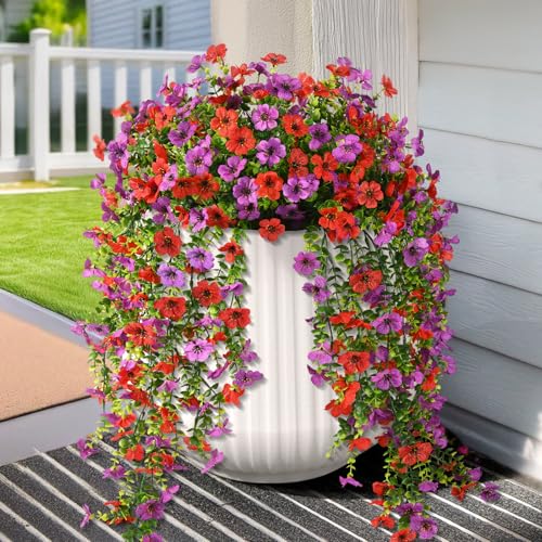 Hommyea Artificial Fake Flowers Plants for Outdoors Silk Hanging Home Decor - color: Purple Red