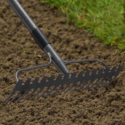 63'' Bow Rake Heavy Duty Garden Rake with Stainless Steel Handle, Tines Metal Head Rake Tool for Loosening Soil Gathering Leaf Leveling Lawn Farming Land Management Yarn Thatch Rake - size: 63"
