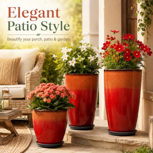 Neoaider Set of 3 Tall Planter, 24/21/12in Large Plastic Planter, Firey Red - color: Fiery Red