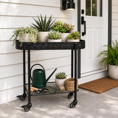 Growsun Metal Rolling Succulent Plant Stand with Drainage Holes, Nursery Pots, Wheels, and Lower Storage Shelf, Indoor Outdoor Plant Cart (Black, Large) - color: Black, size: Large