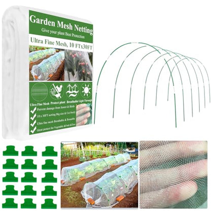 Garden Mesh Netting Kit,10 x 30FT Ultra Fine Netting with 6 Sets Fiberglass Garden Hoops for Raised Beds Vegetable Plants Fruits Greenhouse Row Cover Birds Animals Barrier Protection Net