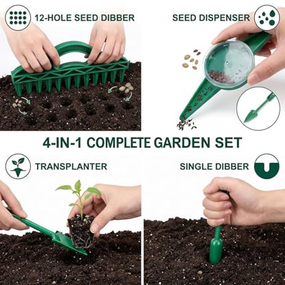 4PCS Garden Seed Planting Tool Kit, Hand Seeder with 12-Hole Dibber and Transplanting Tools, Mini Gardening Tools Set for Vegetable, Flower, Herb and Seed Sowing for Lawn Garden Farm Yard