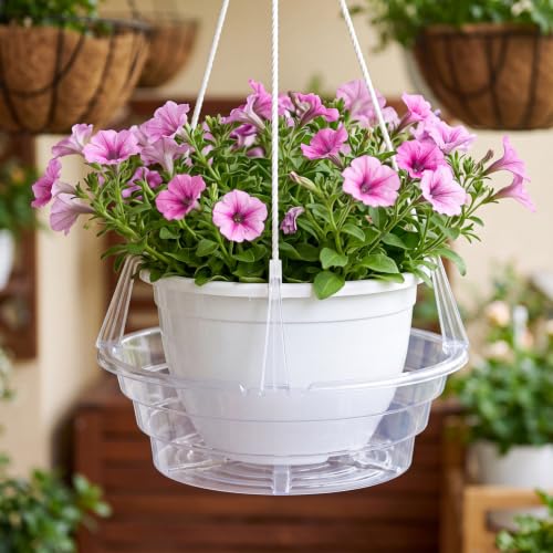 Gejoy 15 Pcs 10 Inch Hanging Plant Water Catcher Tray Clear Plastic Baskets Drip Pans for Flower Pot, Round Plant Saucer with Hooks for Balcony Patio Indoor Outdoor Watering Accessories - size: 10 Inch