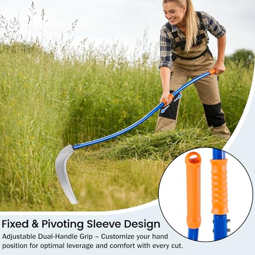 12.6'' Scythe Tool for Grass Cutting, Unique Curved Stainless Steel Pole, Adjustable Dual-hand Grip, Professional-Grade Blade, for Clearing Bushes, Vines, Fields, Ditches, Paths, Landscaping, 61in. - size: 12.6'' Scythe with 2 bending Poles
