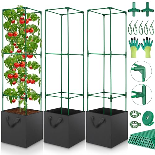 3 Pack Tomato Cages for Garden, Square Tomato Trellis with Grow Bags, 49 IN Tall Heavy Duty Tomato Plant Stakes Support Cages Trellis for Raised Beds Pots Garden Climbing Vegetables Flowers Fruits - color: 3 Pack Tomato Cages