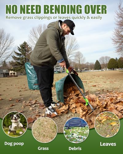 63.4 Inch Adjustable 18 Tines Metal Leaf Rake Set with 40 Gal Dustpan Bags - style: Green Rake Set