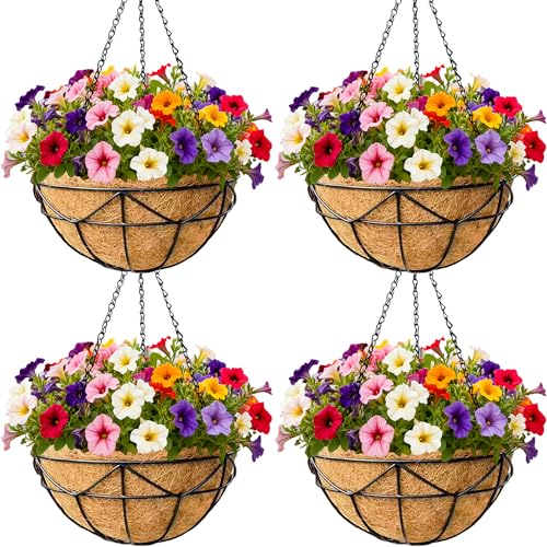 12 Inch Plant Hanging Baskets 4 Pack Round Metal Hanging Planter with Coco Coir Liner Chain for Plants Outdoor Plant Basket Porch Indoor Garden Decoration Flower Pots - color: Geometric