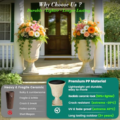 Autodaya 22"Tall Large Urn Planters for Outdoor Plants Set of 2 Flower Pots - color: 22"-antique Ivory