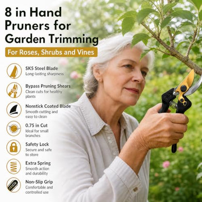 8" SK5 Bypass Pruning Shears, Hand Pruners and Garden Clippers