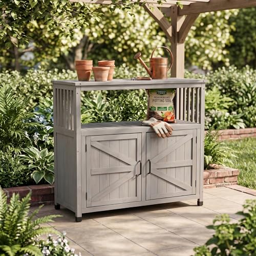 Outdoor Deck Box and Patio Storage Cabinet in Grey Solid Wood, 42-Inch Weather Resistant Storage Box for Garden Tools and Pool Accessories, Versatile Buffet Sideboard and Bar Table for Deck - color: Grey - 42.00 X 18.00 X 37.00 Inch