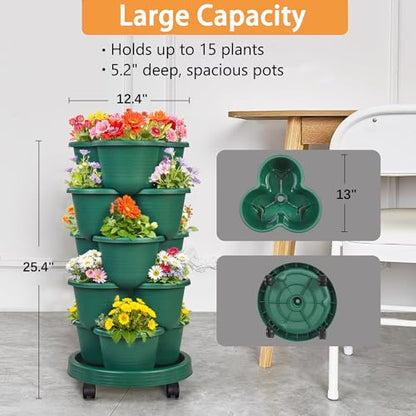 VECELO 5 Tier Vertical Garden Planter, Self Watering Stackable Planters with Wheels for Strawberries, Herbs, Flowers, Vegetables, Dark Green - color: Dark Green, size: 5 Tier