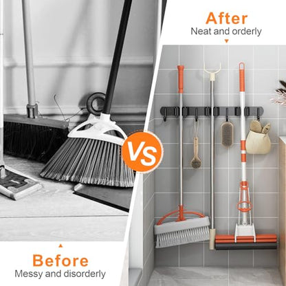 2 Pack Mop and Broom Holder Wall Mount for Kitchen Garden Garage Laundry - color: Black, size: 2 Pack 5 Racks with 4 Hooks