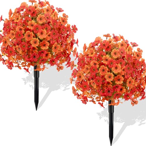 2 Pack 23" Fall Artificial Mums Flowers Topiary Balls with Ground Spikes - color: Orange & Red