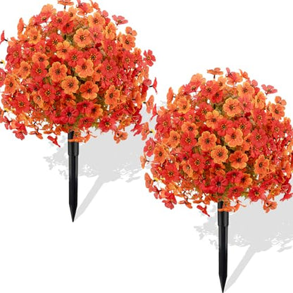 2 Pack 23" Fall Artificial Mums Flowers Topiary Balls with Ground Spikes - color: Orange & Red