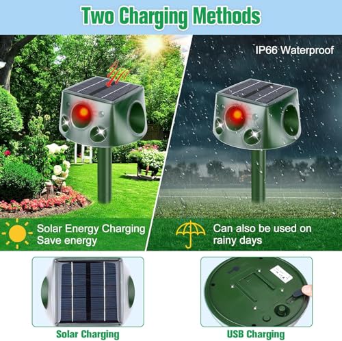 Squirrel Repellent,4 Sided 360° Cat Repellent Outdoor with 7 Modes Adjustable,IP66 Waterproof Deer Repellent Devices,Double-Sided Flashing Light & Ultrasonic Speaker for Cat Squirrel Bird Dog Deer